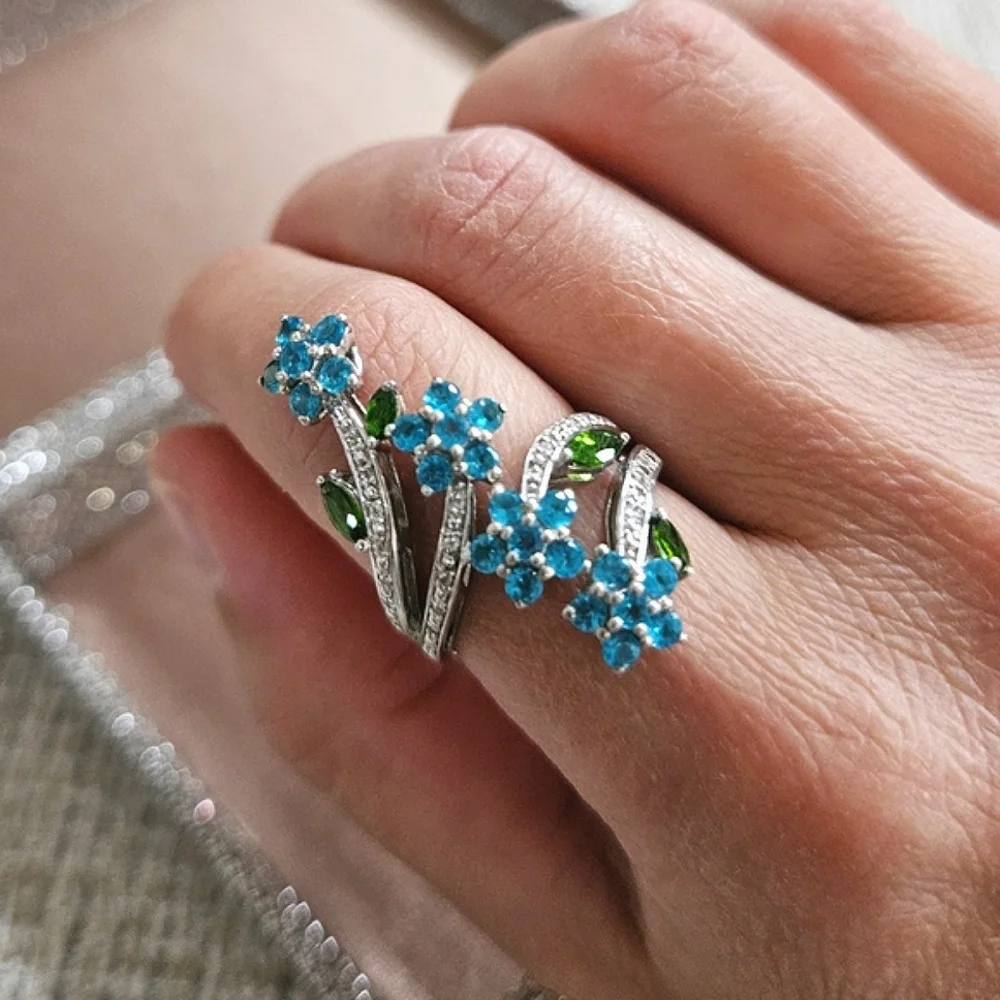 Sterling Silver Gemstone Floral Bypass Ring